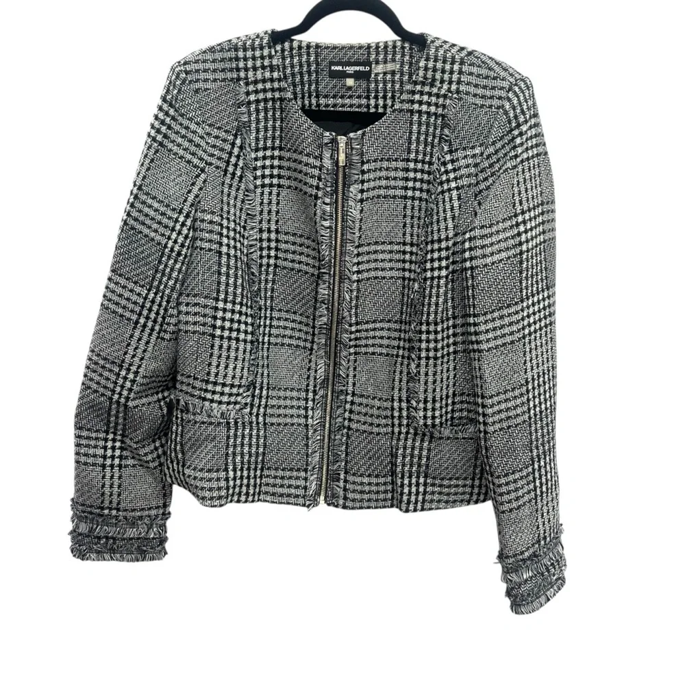 Karl Lagerfeld Black and White Plaid Blazer Jacket Paris Tweed Peplum Fringe - Picture 1 of 7